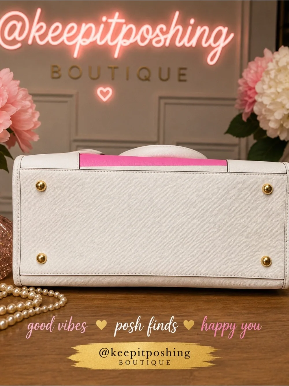 Striped Pink & White Top-Handle Satchel with Logo Charm